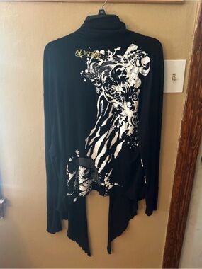 House of Deréon Black Graphic Draped Open Cardigan Wrap Jacket Women 1X